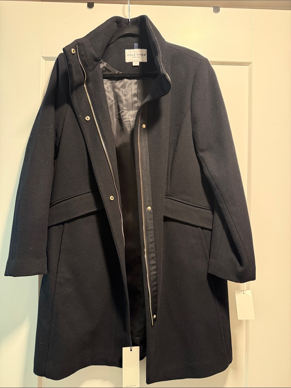 Cole Haan Black Wool Pea Coat with Stand Collar